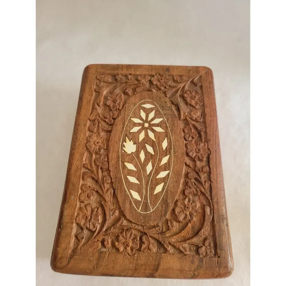 Vintage Hand Carved Wooden Jewelry Trinket Box Floral Inlay Keepsake Decor